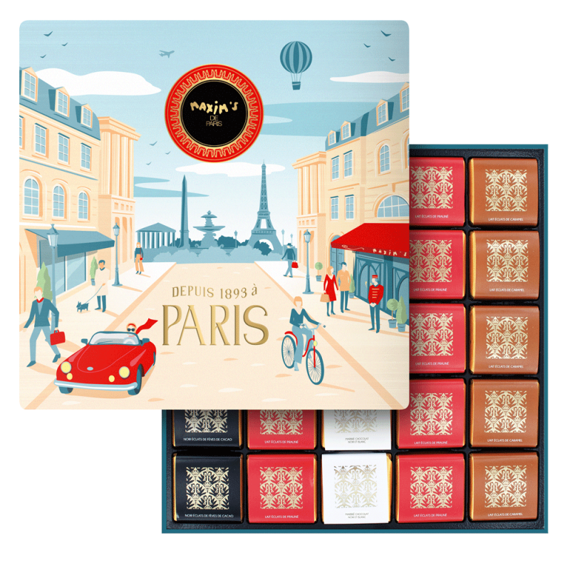 Square Tin of 50 chocolate squares "Bonjour Paris"-Chocolates-Maxim's shop